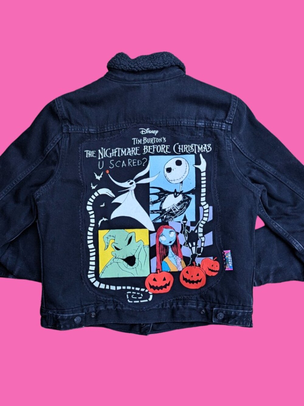 The Nightmare Before Christmas Upcycled T-Shirt Warm Denim Jacket Size M